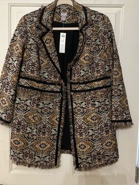 Chico's Gold, Black & Cream Patterned Fringe-Trim Jacket